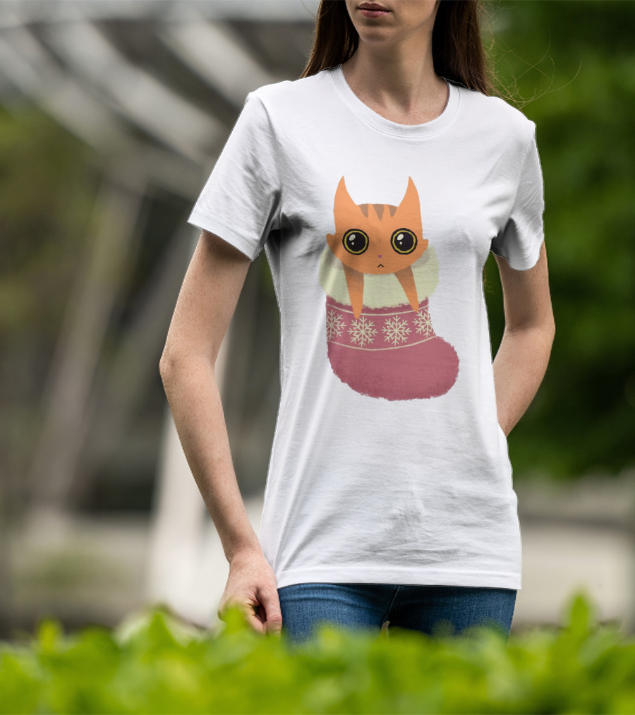 Adorable Orange Cat In Festive Christmas Stocking With Snowflake T-Shirt