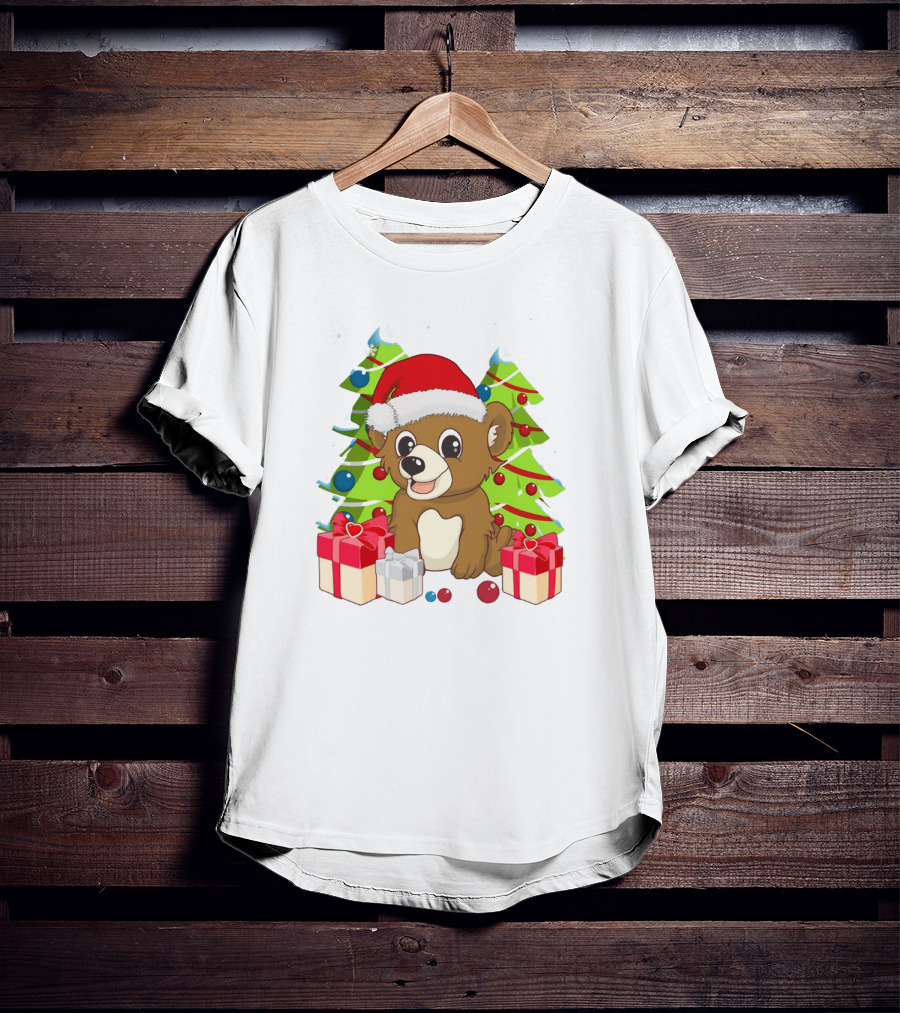 Santa Cute Bear With Christmas Trees And Presents T-Shirt