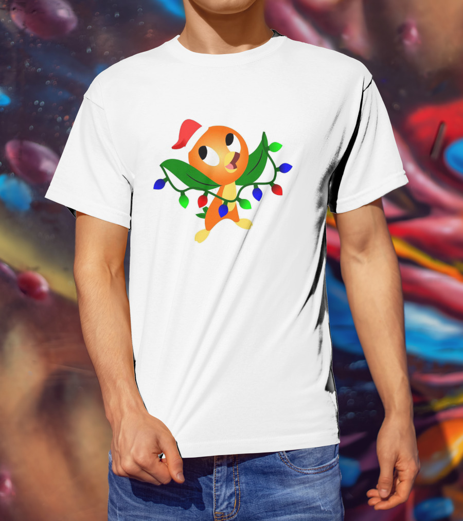 Think Christmas Thoughts Orange Bird With Santa Hat And Festive Lights T-Shirt