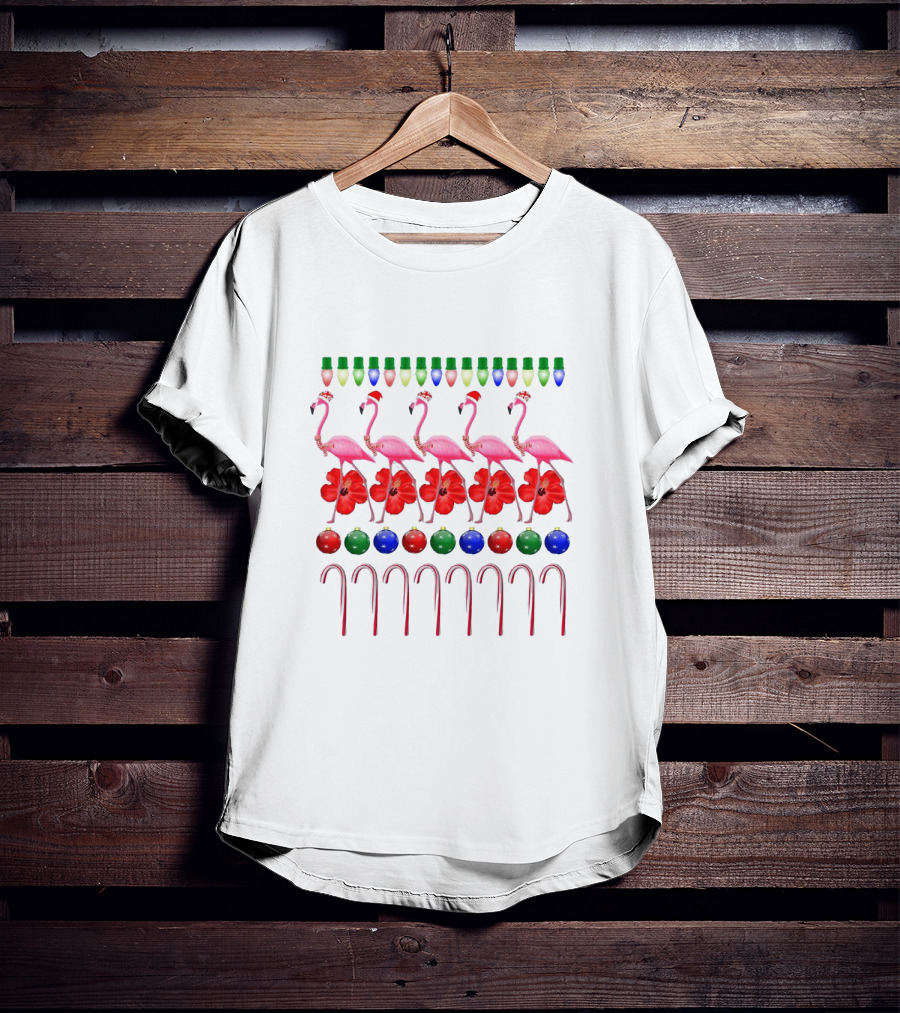 Ugly Christmas Pink Flamingo With Festive Lights Hibiscus Ornaments And Candy Canes T-Shirt