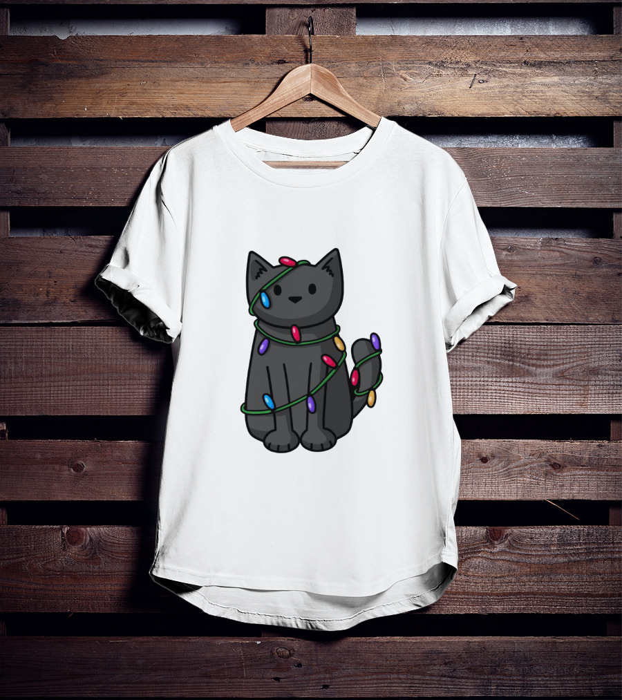 Wrapped Up In Lights Adorable Cat Tangled In Colorful Holiday String Bulbs T-Shirt