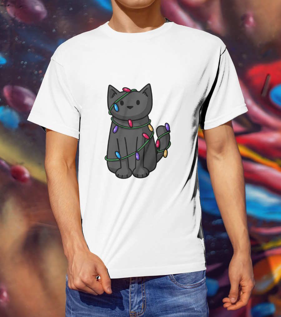 Wrapped Up In Lights Adorable Cat Tangled In Colorful Holiday String Bulbs T-Shirt