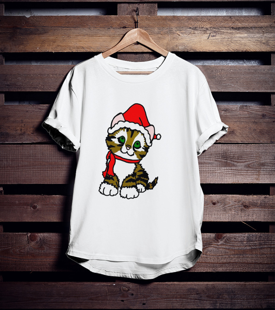 A Cute Tabby Kitten Dressed In Santa Hat And Scarf T-Shirt