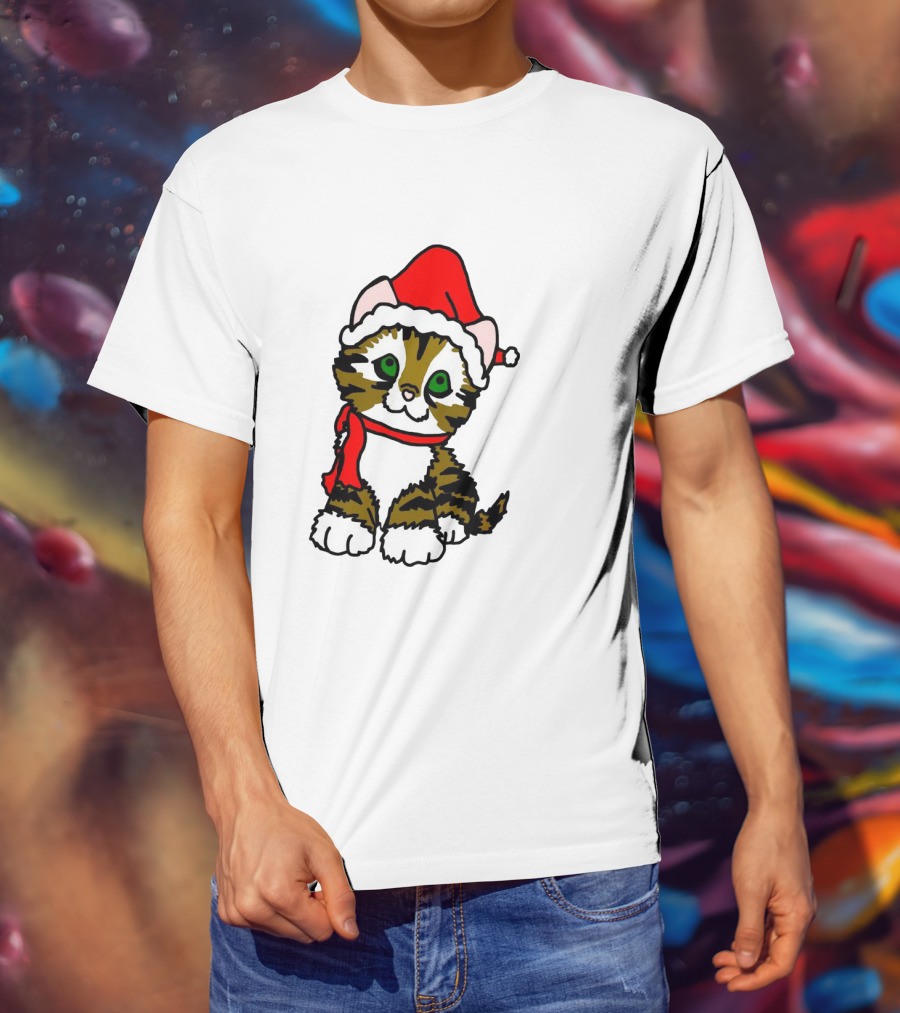 A Cute Tabby Kitten Dressed In Santa Hat And Scarf T-Shirt