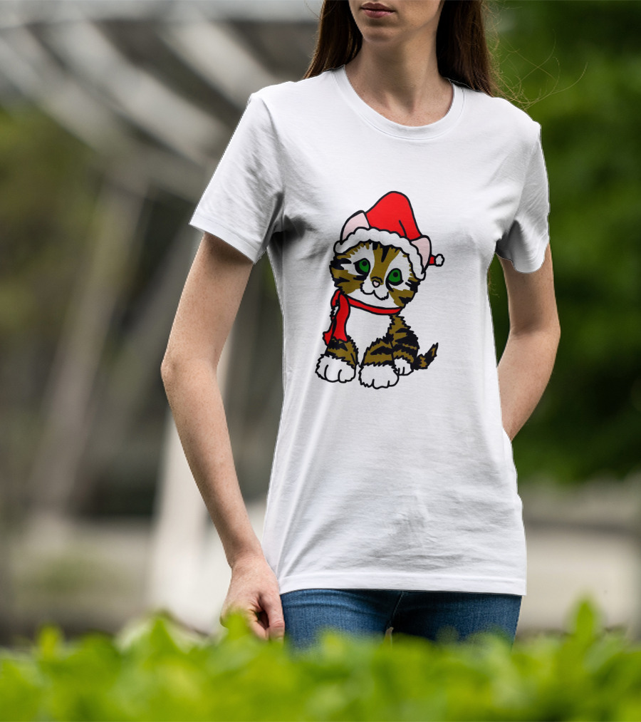 A Cute Tabby Kitten Dressed In Santa Hat And Scarf T-Shirt