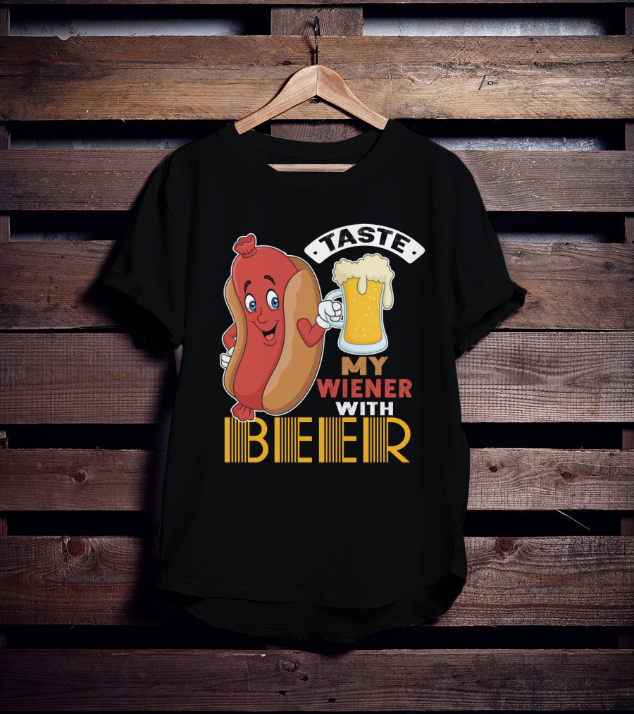 Taste My Wiener With Beer Funny Hot Dog Cartoon For Party T-Shirt