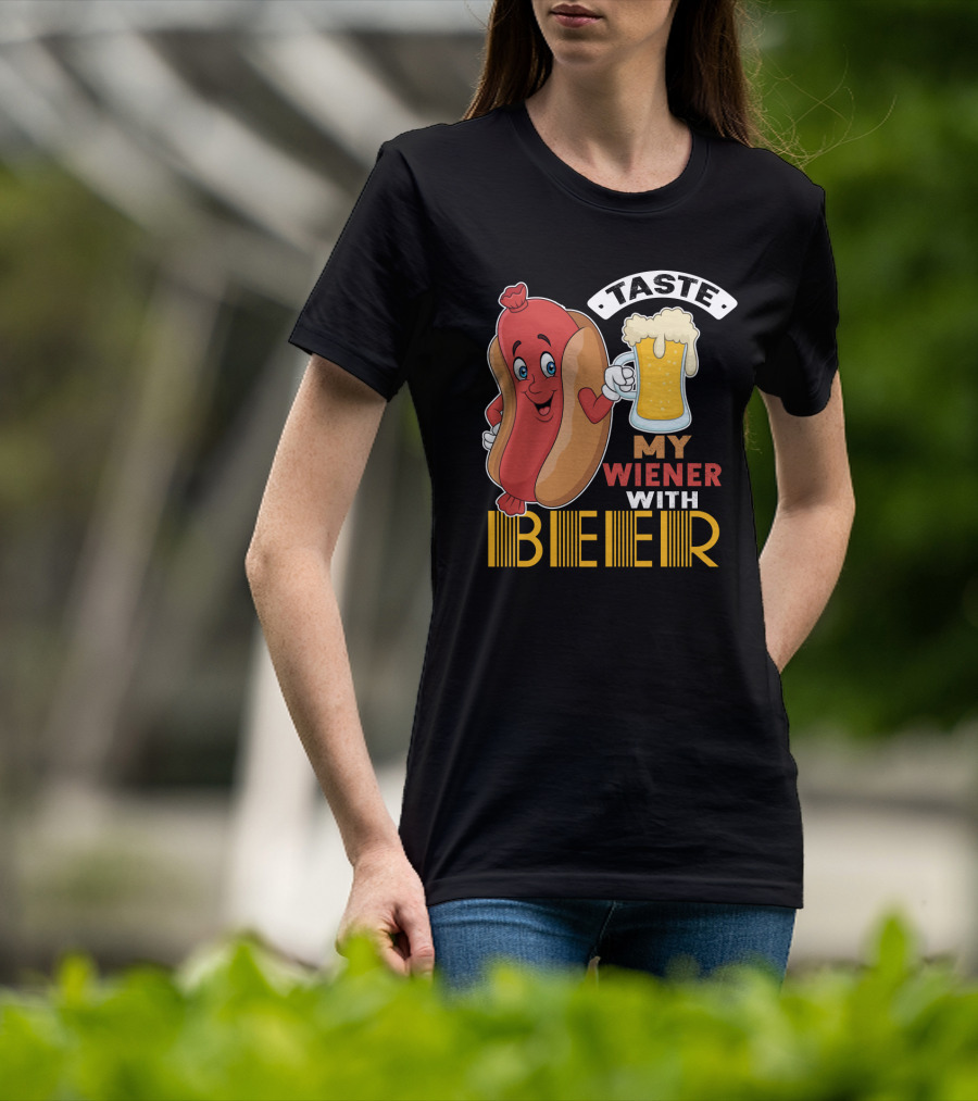 Taste My Wiener With Beer Funny Hot Dog Cartoon For Party T-Shirt