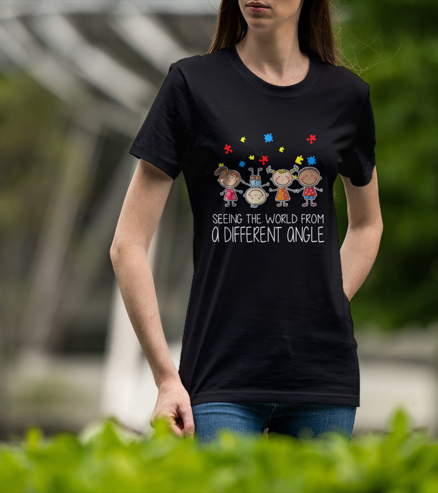 Seeing The World From A Different Angle Autism Puzzle Pieces Cartoon Kids T-Shirt