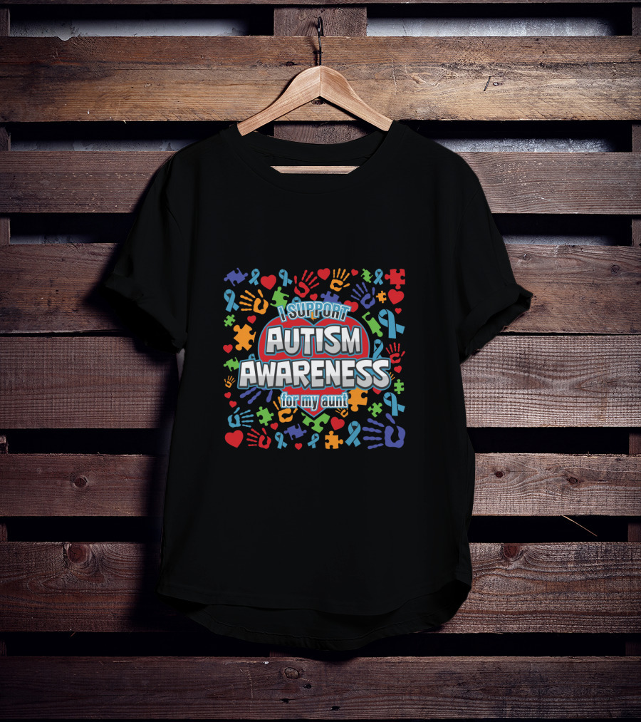 I Support Autism Awareness For My Aunt Colorful Puzzle Ribbon Hearts Hands T-Shirt