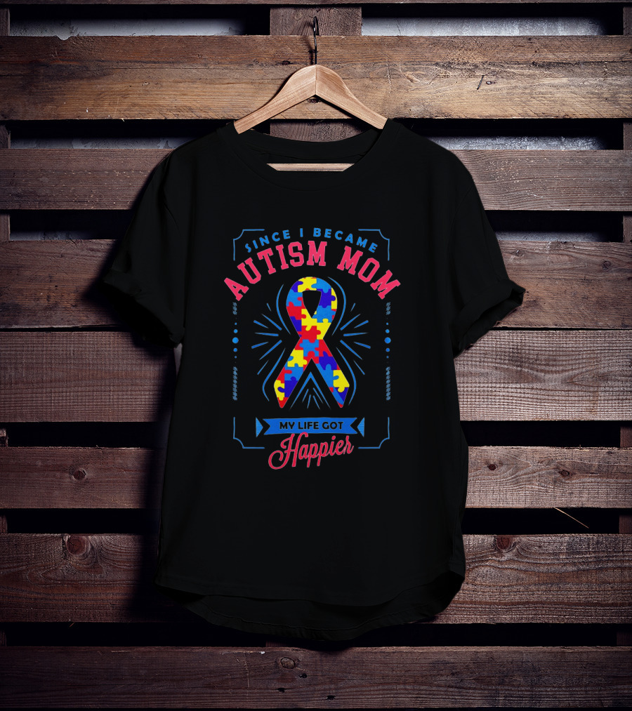Since I Became Autism Mom My Life Got Happier Ribbon Puzzle T-Shirt