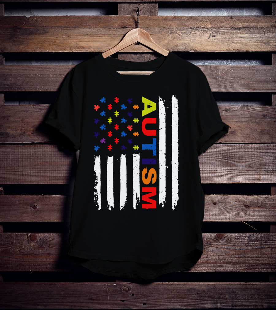 Autism Awareness Flag Design With Colorful Puzzle Pieces And Vertical Stripes T-Shirt