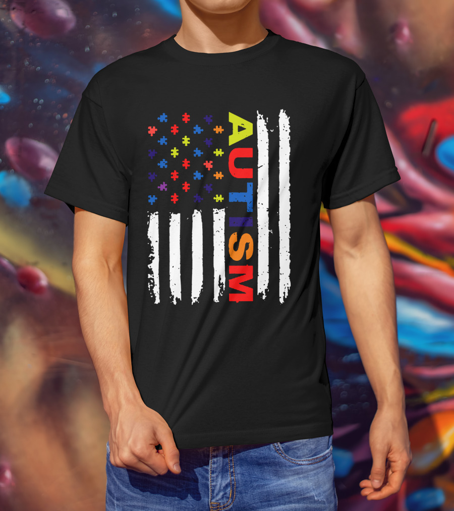 Autism Awareness Flag Design With Colorful Puzzle Pieces And Vertical Stripes T-Shirt