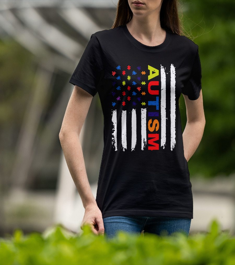 Autism Awareness Flag Design With Colorful Puzzle Pieces And Vertical Stripes T-Shirt