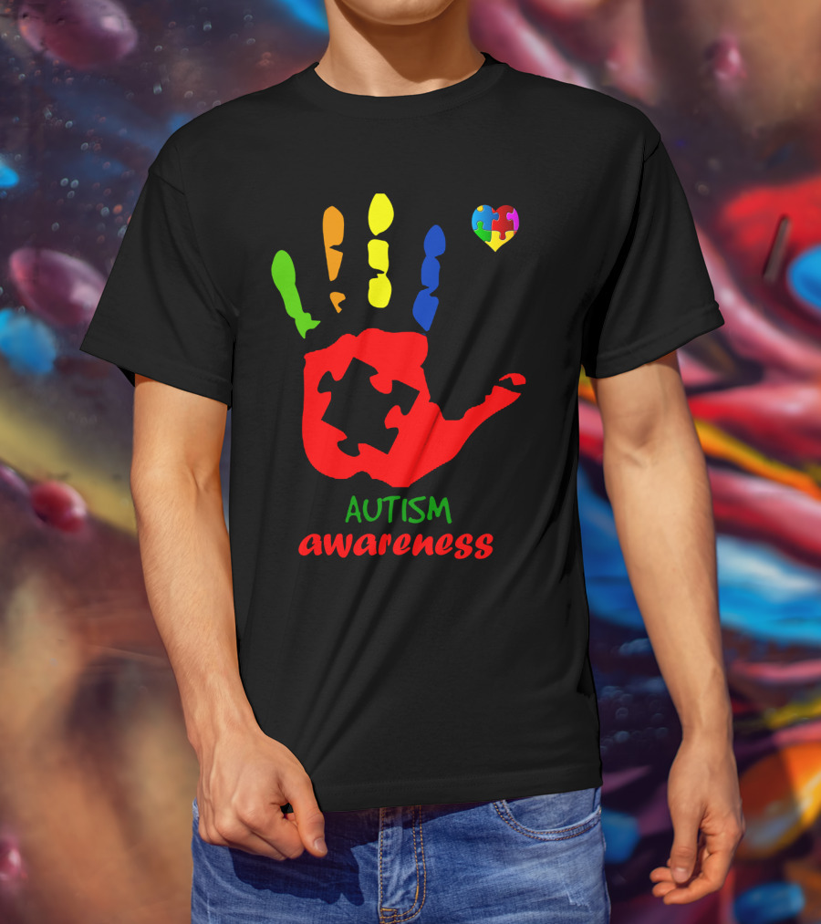 Autism Awareness Colorful Handprint With Puzzle Heart T-Shirt