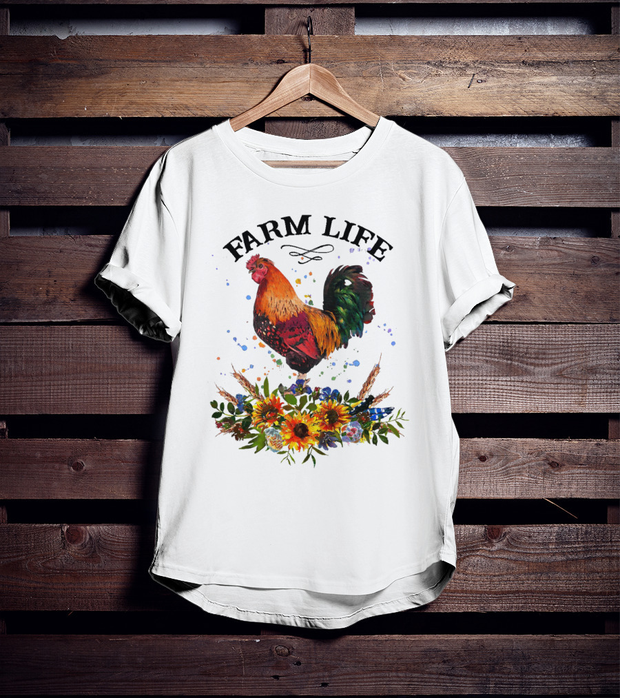 Farm Life Chicken Rooter With Colorful Rooster And Floral Arrangement T-Shirt