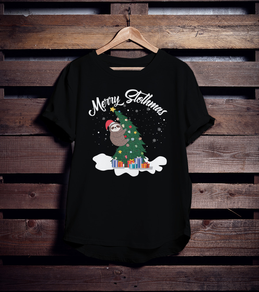 Merry Slothmas Christmas Sloth With Santa Hat On Christmas Tree And Snowflakes T-Shirt
