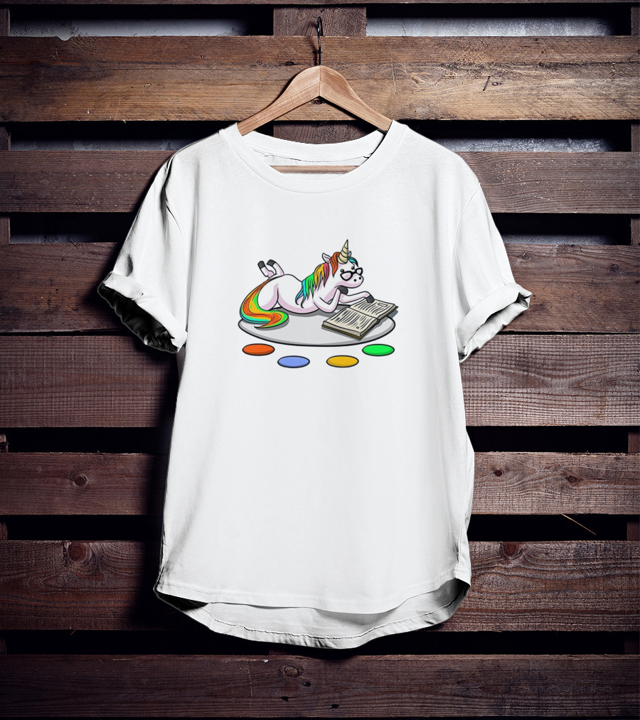 Unicorn Reading Book With Rainbow Mane And Glasses Surrounded By Colorful Dots T-Shirt