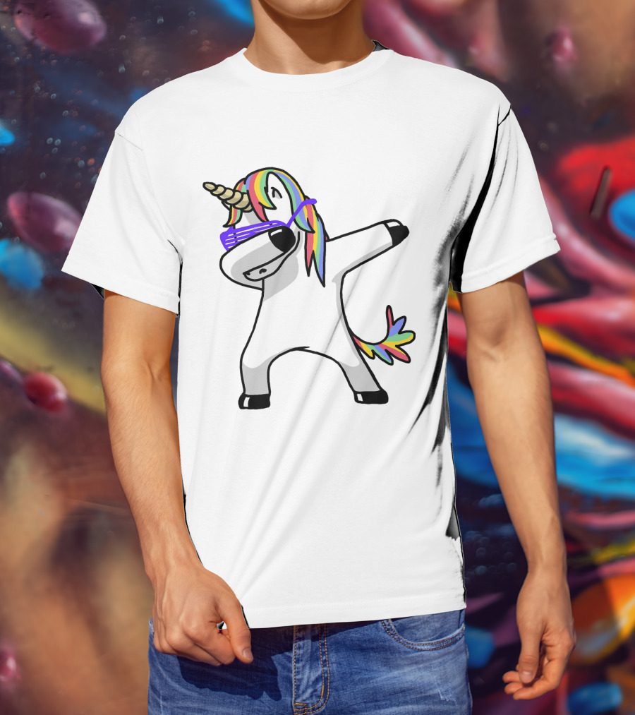 Colorful Rainbow Mane Unicorn In Dabbing Pose With Sunglasses T-Shirt