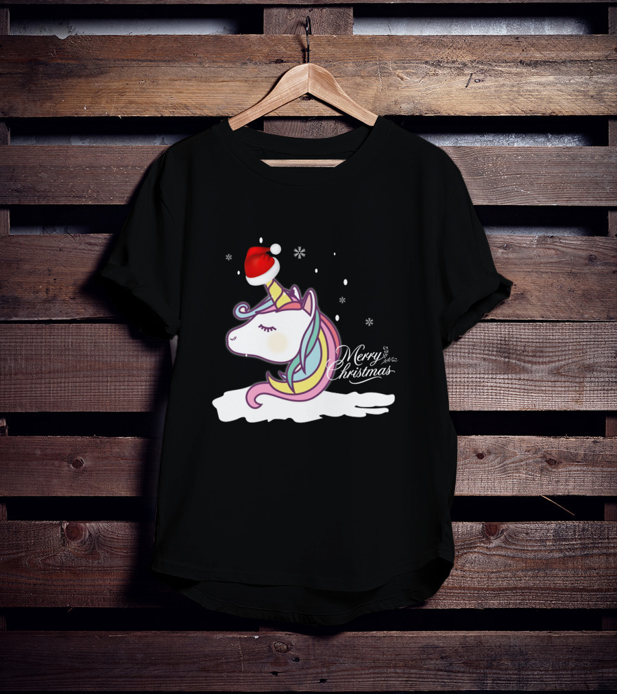 Unicorn Merry Christmas Snowflakes Santa Hat T-Shirt