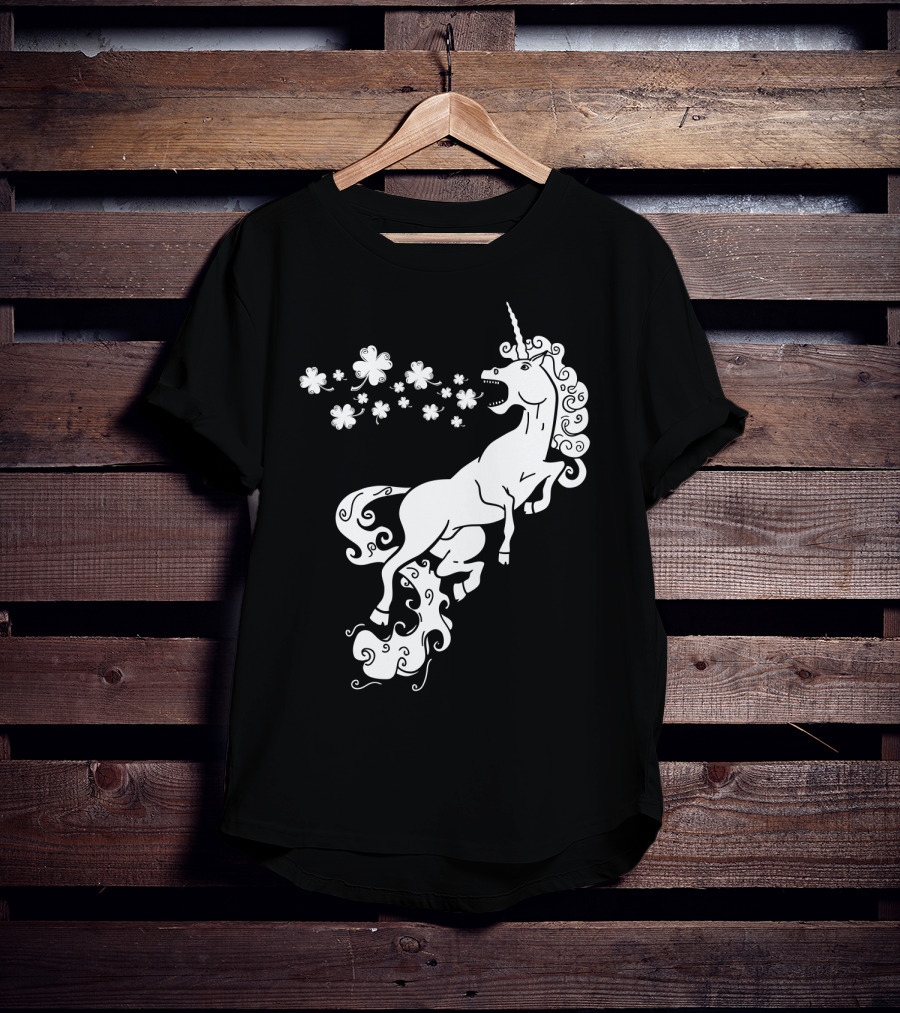 Unicorn Blowing Shamrock Flowers Mystical T-Shirt