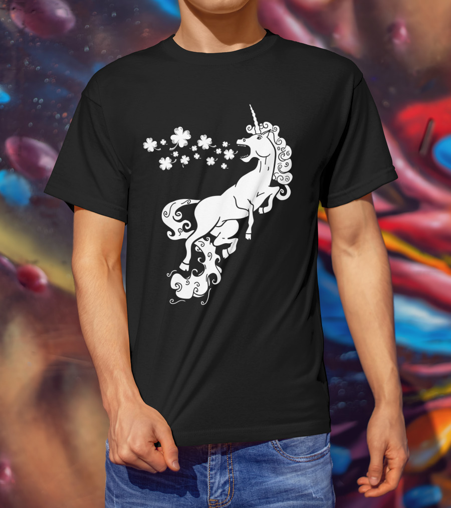 Unicorn Blowing Shamrock Flowers Mystical T-Shirt