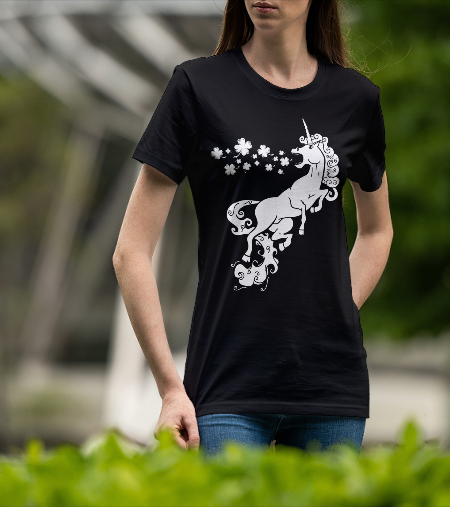 Unicorn Blowing Shamrock Flowers Mystical T-Shirt