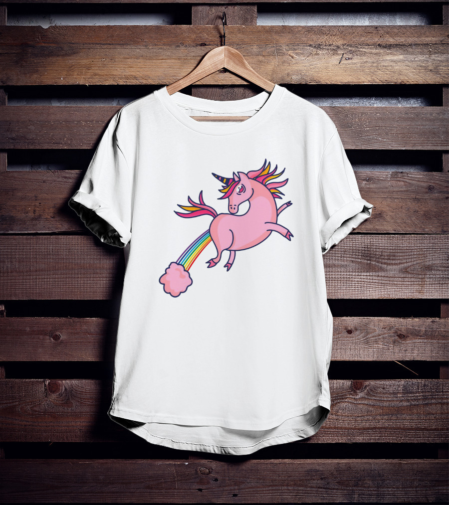 Magical Unicorn With Rainbow Tail And Puffy Clouds T-Shirt
