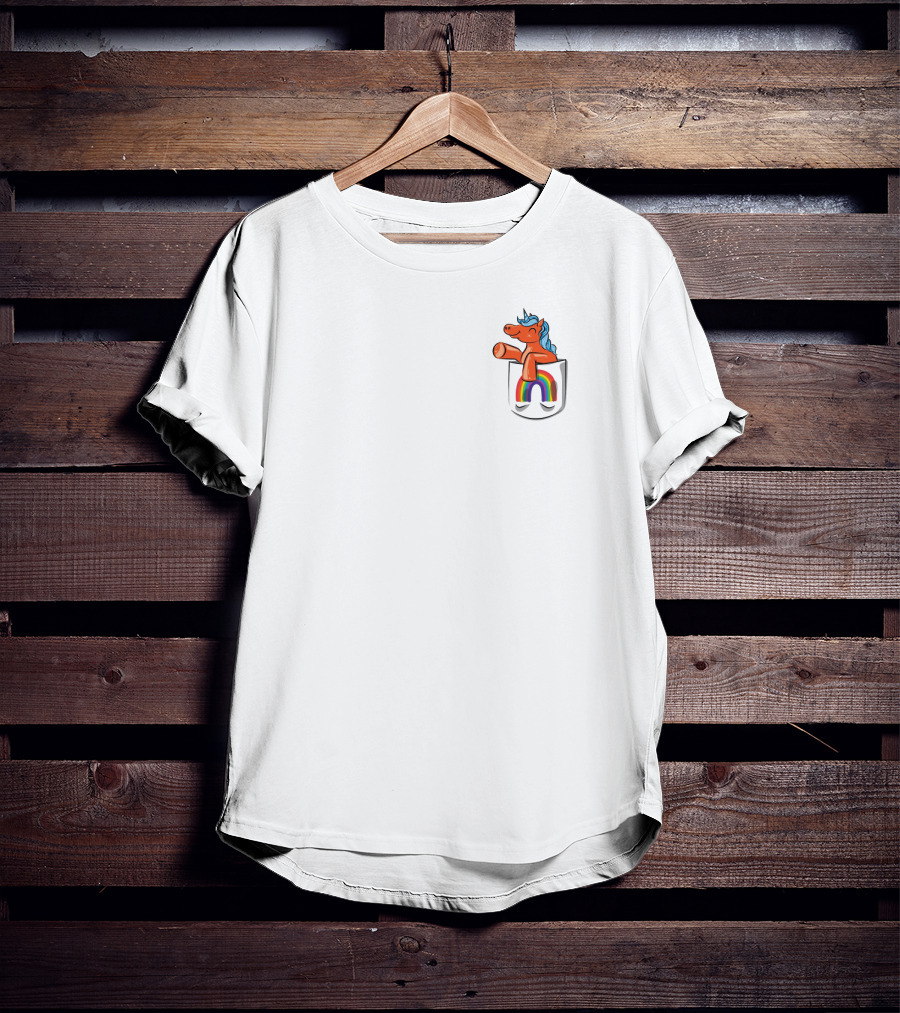 Orange Unicorn With Rainbow Pocket Swirl T-Shirt