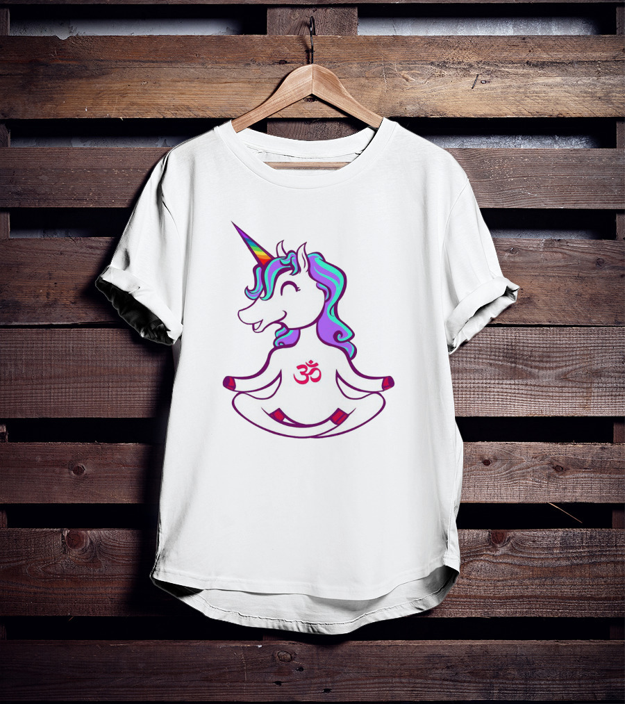 Colorful Yoga Unicorn With Om Symbol In Peaceful Pose T-Shirt