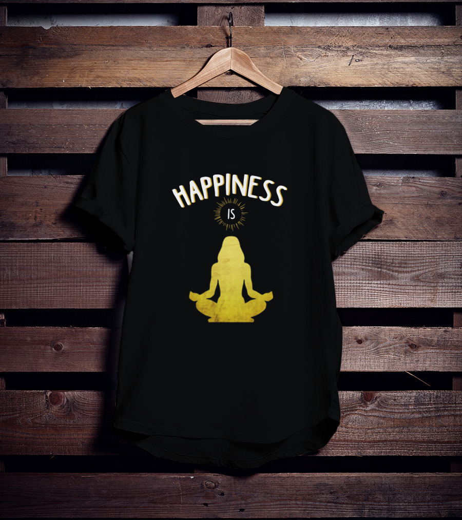 Happiness Is Yoga Meditation Silhouette In Yellow With Sunburst T-Shirt