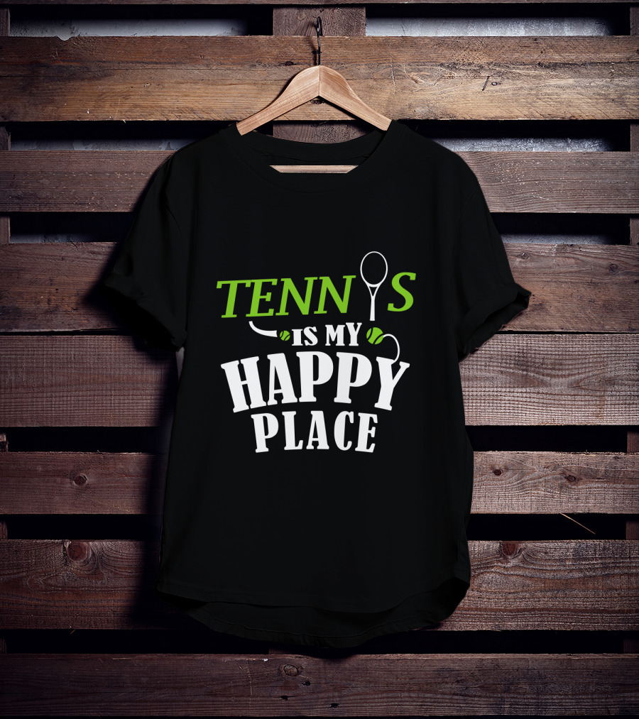 Tennis Is My Happy Place With Racket And Ball Motif T-Shirt