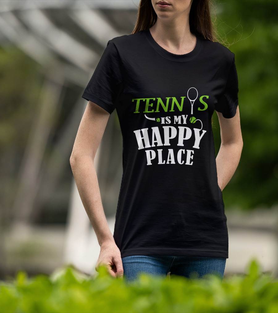 Tennis Is My Happy Place With Racket And Ball Motif T-Shirt