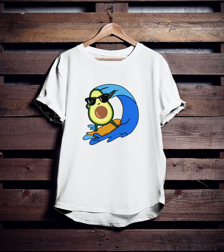 Avocado Wearing Sunglasses Riding Blue Ocean Wave T-Shirt