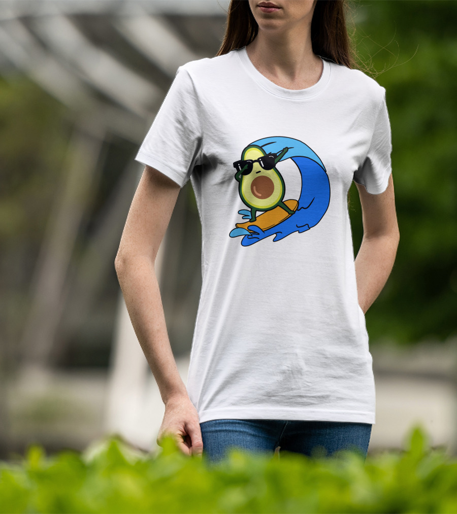 Avocado Wearing Sunglasses Riding Blue Ocean Wave T-Shirt