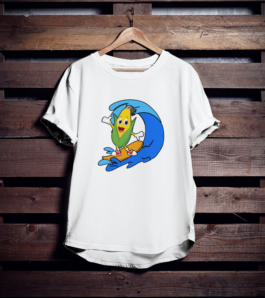 Corn On Surfboard Riding Blue Ocean Wave T-Shirt
