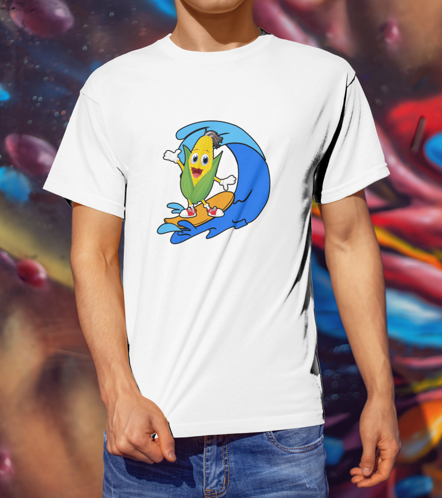 Corn On Surfboard Riding Blue Ocean Wave T-Shirt