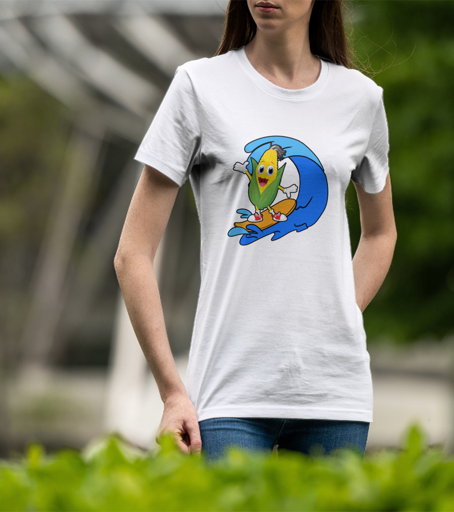 Corn On Surfboard Riding Blue Ocean Wave T-Shirt