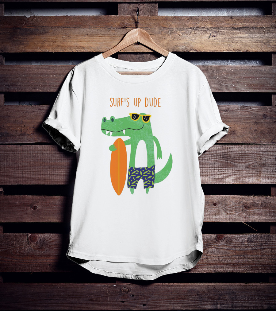 Surf's Up Dude Cool Crocodile In Sunglasses With Surfboard And Tropical Shorts T-Shirt