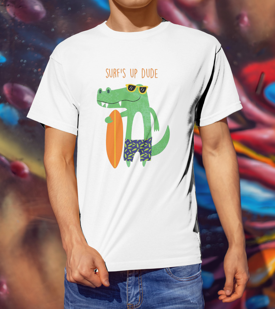 Surf's Up Dude Cool Crocodile In Sunglasses With Surfboard And Tropical Shorts T-Shirt