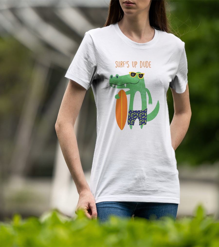 Surf's Up Dude Cool Crocodile In Sunglasses With Surfboard And Tropical Shorts T-Shirt