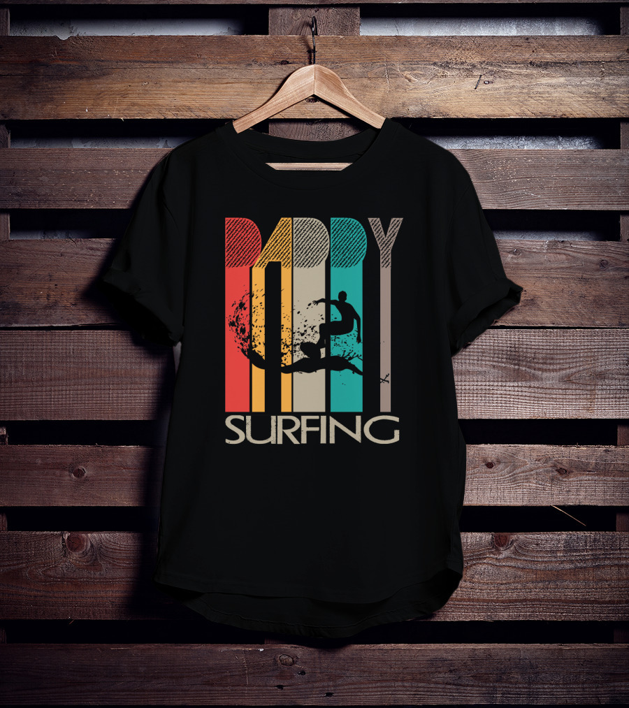 Vintage Daddy Surfing Silhouette With Retro Color Stripes T-Shirt