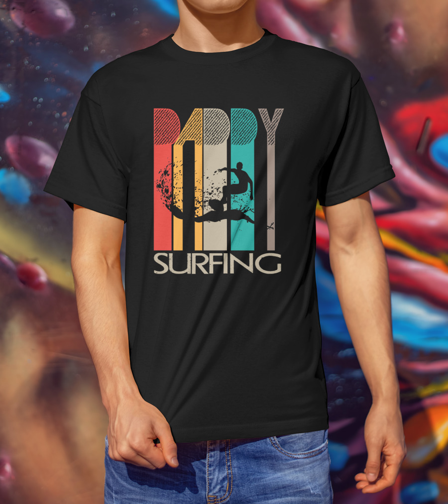 Vintage Daddy Surfing Silhouette With Retro Color Stripes T-Shirt