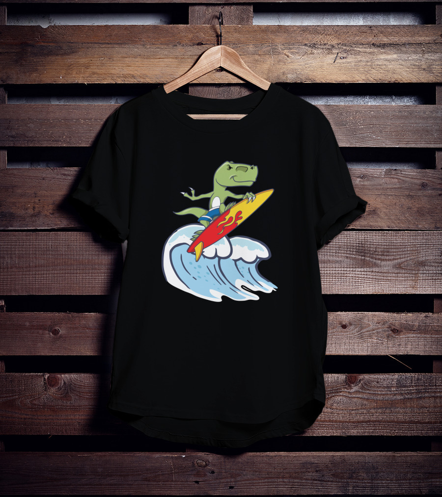 Dinosaur Riding Waves On Fiery Surfboard Ocean Adventure T-Shirt