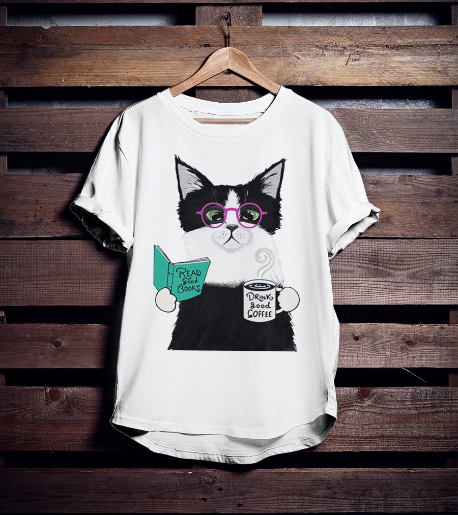 Read Good Books Drink Good Coffee Cat With Glasses T-Shirt