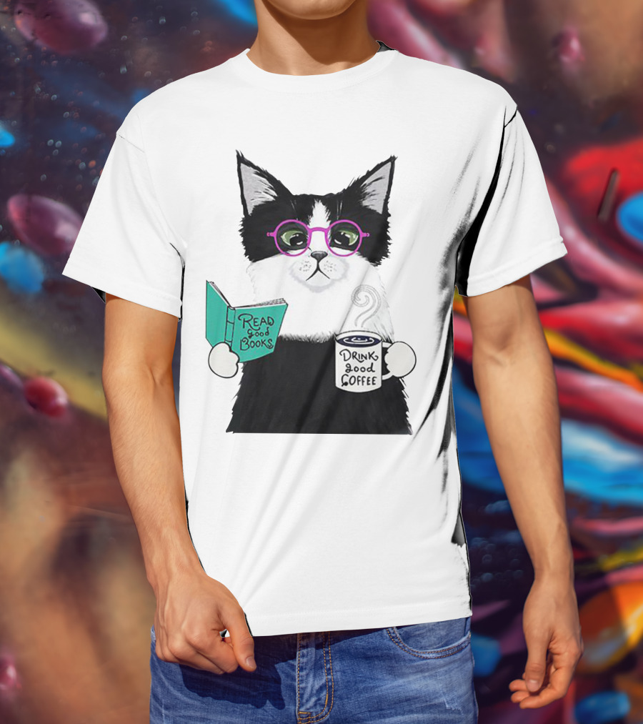 Read Good Books Drink Good Coffee Cat With Glasses T-Shirt