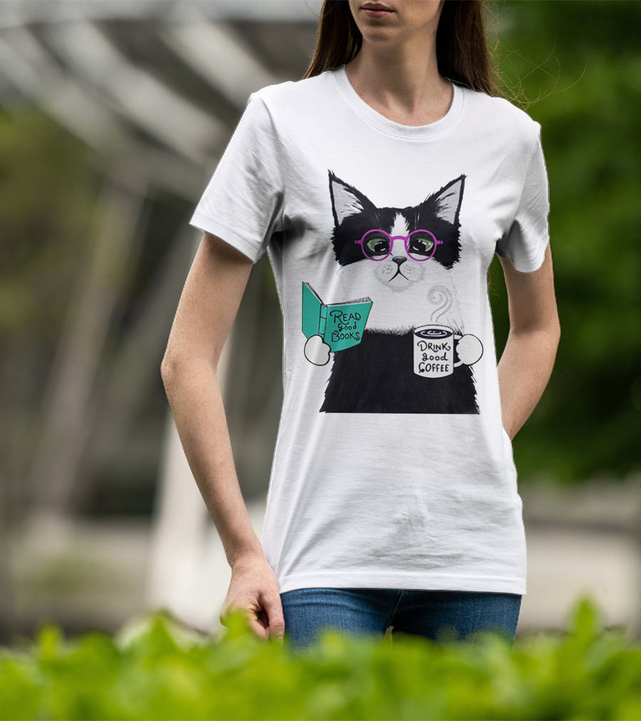 Read Good Books Drink Good Coffee Cat With Glasses T-Shirt