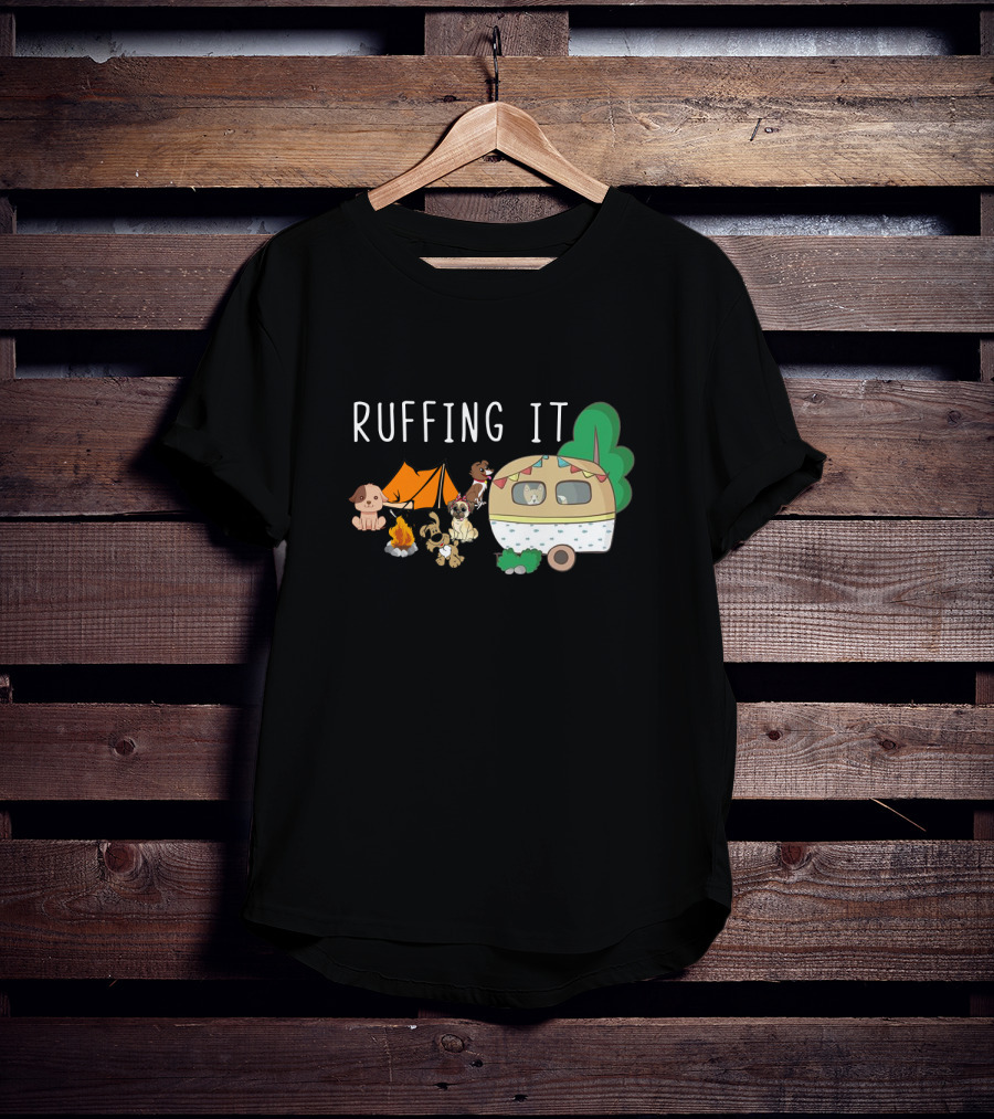 Ruffing It Camping With Dogs Tent Campfire And Caravan T-Shirt