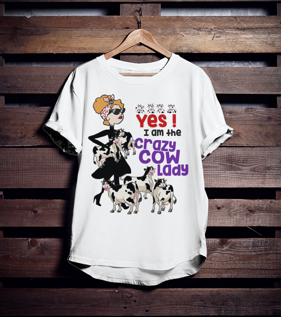 Yes I Am The Crazy Cow Lady With Cartoon Cows And Stylish Woman In Red Bandana And Sunglasses T-Shirt