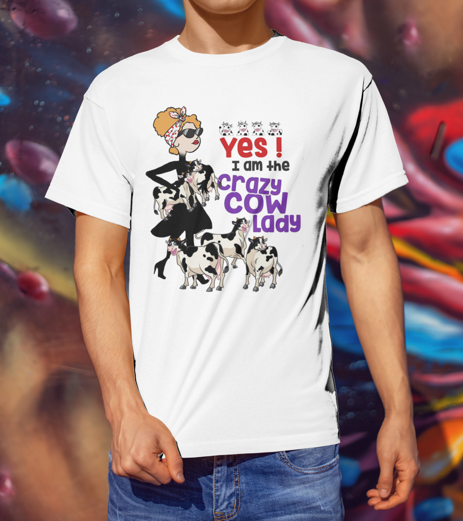 Yes I Am The Crazy Cow Lady With Cartoon Cows And Stylish Woman In Red Bandana And Sunglasses T-Shirt