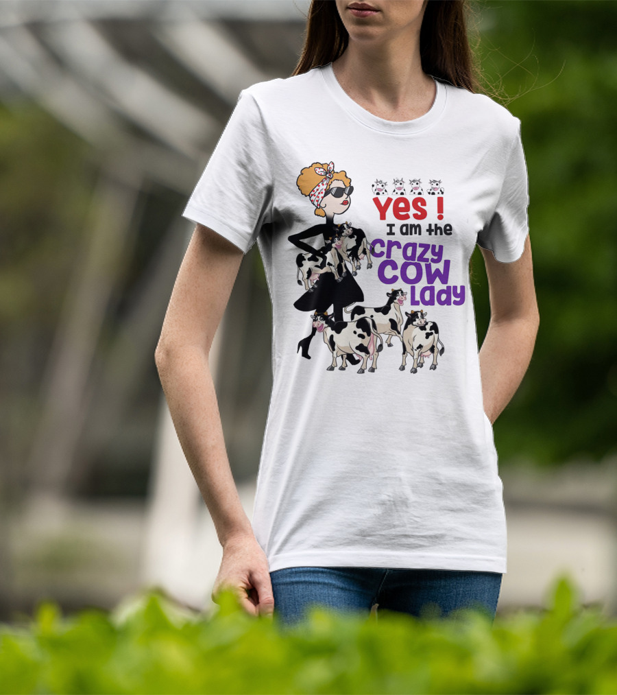 Yes I Am The Crazy Cow Lady With Cartoon Cows And Stylish Woman In Red Bandana And Sunglasses T-Shirt